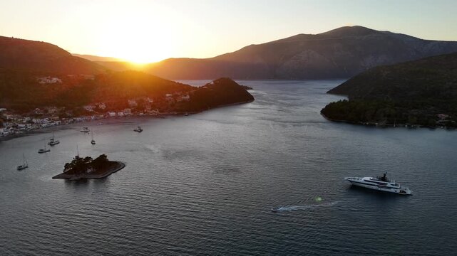 Sunset Flyover of Vathy Bay, Ithaca, Greece Sailboats & Seaside Village