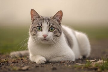 Elegant white and gray house cat resting outdoors with big, round green eyes amid a soft, dreamy backdrop of nature.