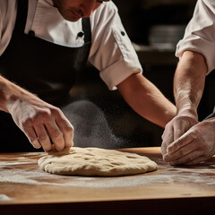 Dough baking with hands in kitchen by chef, showing preparation and culinary artisan skills