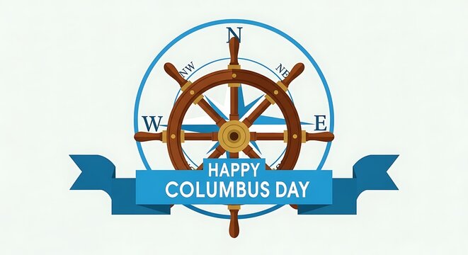 Celebratory Columbus Day Illustration Featuring Ship Wheel and Compass with Happy Message