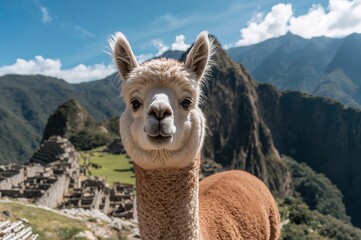 Adorable alpaca roaming mountainous terrain