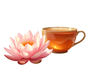 Steaming Cup of Herbal Tea with Lotus Flower, Relaxation Wellness Concept, isolated on transparent background PNG