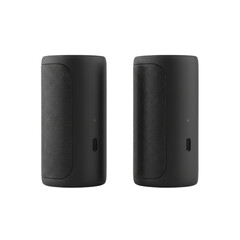 Obraz premium Two sleek black wireless speakers with textured mesh fronts and minimalist USB-C ports stand ready to deliver immersive audio for modern homes and professional studios.
