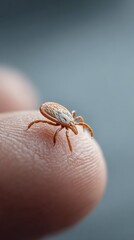 Obraz premium Close up of a tick crawling on a fingertip, illustrating the risk of lyme disease and the importance of tick checks during outdoor activities