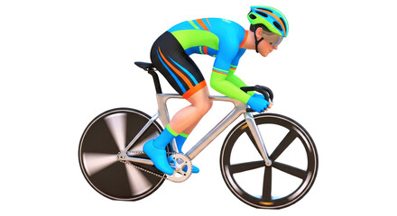 Fototapeta premium cartoon cyclist in motion a 3d model of intense speed and determination, isolated on transparent background