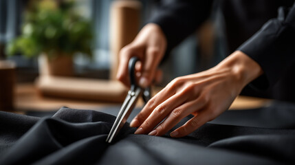 Close up of hand of unrecognizable young female tailor carefully cutting black fabric with sharp scissors with smooth precise movements while working in couture fashion atelier
