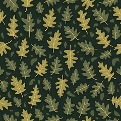 seamless pattern of yellow oak leaves on dark green background