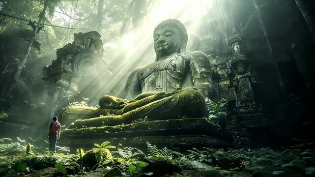 A vivid portrayal of a colossal Buddha statue in a lush, green forest setting. The Buddha statue is depicted in a meditative pose, with its hands resting on its lap.