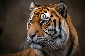 Fototapeta premium Detailed close-up of a tiger looking to the side with vibrant orange, white, and black stripes. Protected animal species.