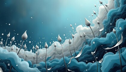 abstract digital illustration of group white flowers on dark blue background