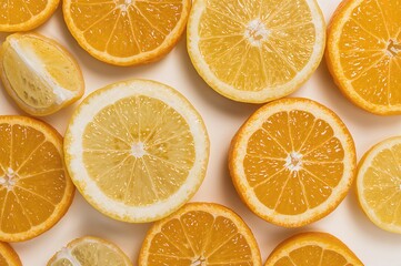Obraz premium Top view of citrus fruit halves including orange and lemon on a white surface. Arrangement of fresh, juicy fruits symbolizing health, nutrition, and organic lifestyle. Isolated with high contrast