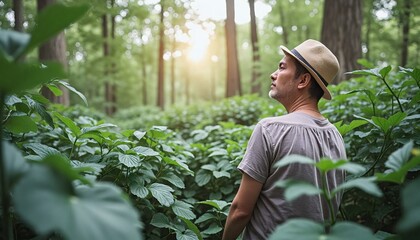 man standing in middle of dense forest