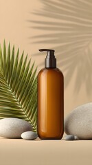 Amber Glass Pump Bottle Mockup with Palm Leaves and Stones