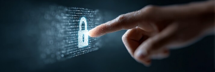 Businessman is touching futuristic digital interface activating a security system with a padlock icon made of binary code, ensuring data protection and access control in a technological environment
