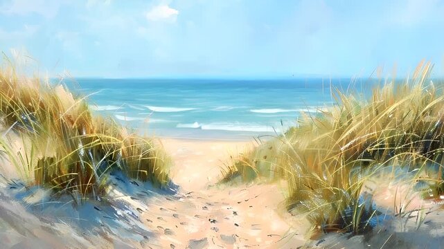 A vivid painting of a serene beach scene. The main subject is a sandy path leading to the ocean, surrounded by tall grasses. The visual attributes include the golden hues of the grass.