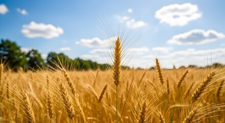 Naklejka premium Golden Wheat Field Under Sunny Sky Agriculture Harvest Photo