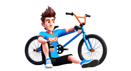 3d cartoon bmx rider relaxed pose, dreamy gaze, blue bike, summer fun, action sports asset, isolated on transparent background