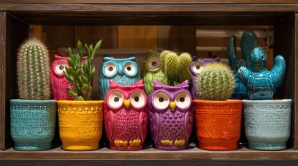 Bright and colorful ceramic animal pots shaped like owls and turtles, holding cactus plants in a fun indoor garden