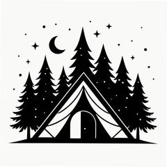 Tent under Stars Silhouette Vector