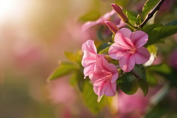 Obraz premium Detailed view of vibrant pink Ruellia tuberosa linn blossoms on a tree, showcasing wild petunia flowers in full bloom.