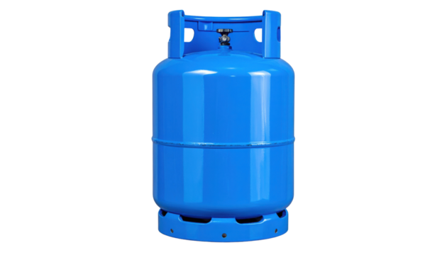 A blue gas cylinder designed for storing and transporting compressed gas safely and efficiently.