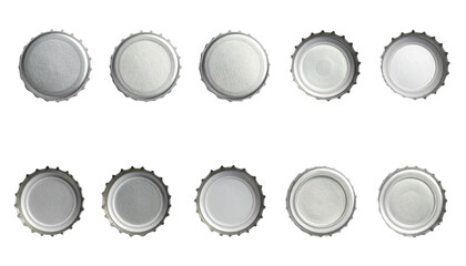 A series of bottle caps displayed in a row, showcasing various textures and finishes on their surface.