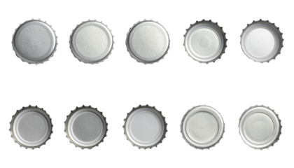 A series of bottle caps displayed in a row, showcasing various textures and finishes on their surface.