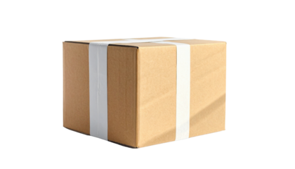 A brown cardboard box with white tape, appearing solid and securely sealed, suitable for shipping or storage.