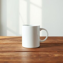 white cup on wooden table mockup