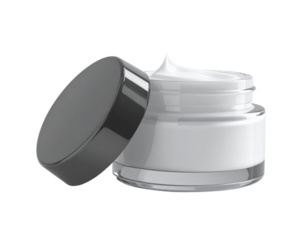 A sleek, opened cosmetic jar showcasing a creamy product inside, featuring a stylish black lid and clear glass body.