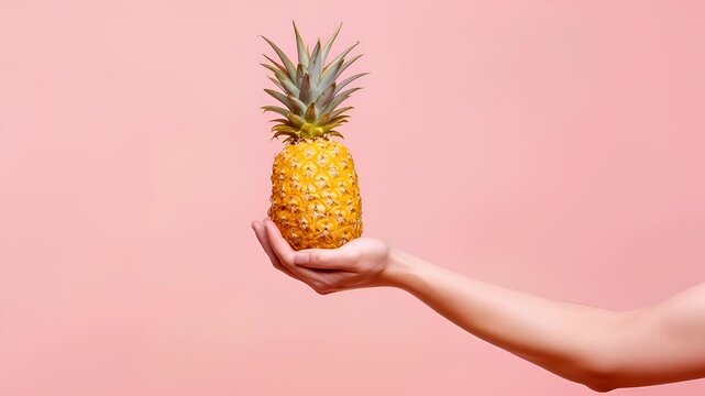 A hand holding a pineapple against a pink background.