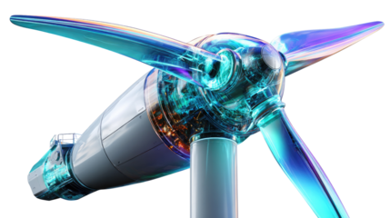 Wind Turbine: A high-angle shot unveils a modern wind turbine with transparent blades and a detailed view of its internal components, showcasing the beauty of clean energy technology.