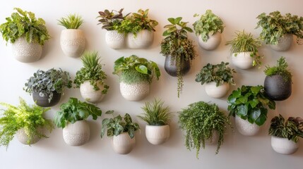 Ceramic wall-mounted vessels arranged asymmetrically, filled with various houseplants for a vertical green display