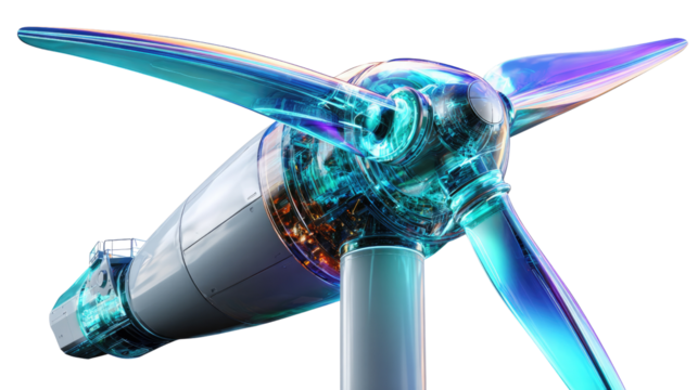 Wind Turbine: A high-angle shot unveils a modern wind turbine with transparent blades and a detailed view of its internal components, showcasing the beauty of clean energy technology.