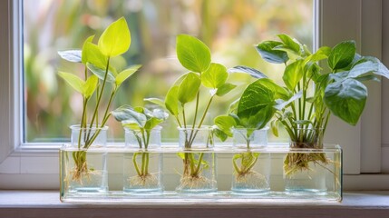 Close-up of a plant propagation station on a windowsill, filled with clear water and leafy stem cuttings