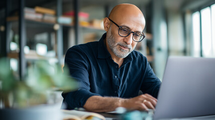 Middle aged Indian man working on laptop at desk in modern office wearing glasses and beard focusing on screen surrounded by books and plants appearing concentrated profession