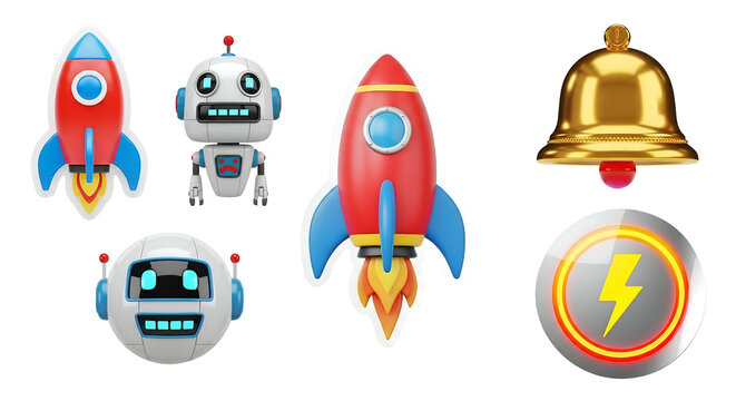 Transparan Background 3D Rendered Robot, Rocket, and Bell Icons: Startup, Technology, and Notification Concept
