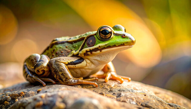 Closeup macro shot of a frog sitting on a rock, sharp focus on skin texture , Generative AI