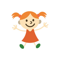 Redhead girl cartoon vector. Cute red pigtail girl jumping in orange dress, adorable kids design.
