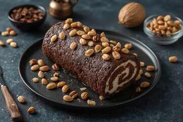 Sweet treat: Nut-filled chocolate spiral on a circular plate