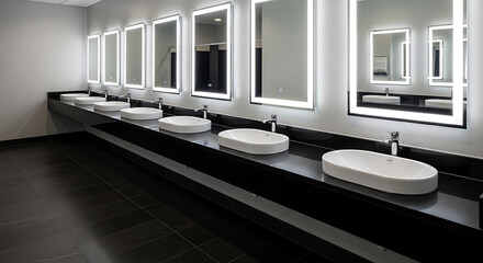 Sleek public restroom vanity with multiple white vessel sinks chrome faucets and illuminated rectangular mirrors.