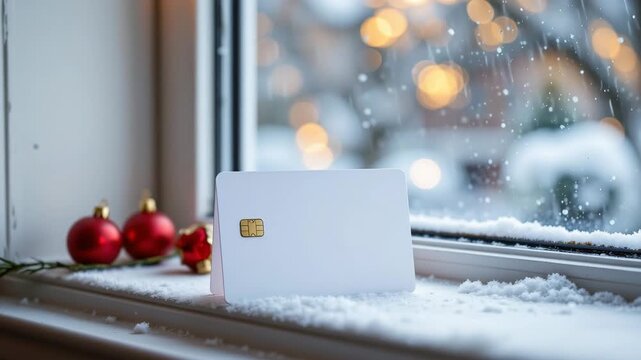Seasonal Financial Gifting: A festive composition of holiday ornaments, a bank card, and falling snow, creates a scene of seasonal financial exchange and giving, captured on a winter window sill.
