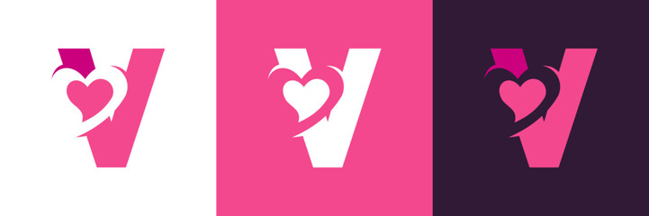 Letter V with Love , for Valentine , greeting , romantic Logo Icon Vector