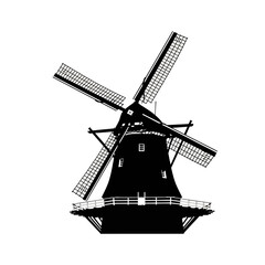 Fototapeta premium Classic Dutch windmill silhouette against a clean white backdrop, perfect for travel, tourism, or historical themed design projects