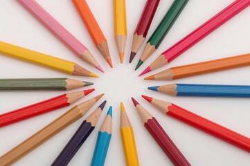 Fototapeta premium Colored pencils on a plain white surface, close-up view with space for text.