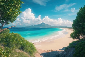 Sandy Hills and Ocean Shore with Trees and Mountains under the Moonlight