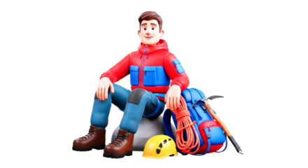 cartoon climber relaxed pose, mountain vista, adventure awaits, 3d render, isolated on transparent background