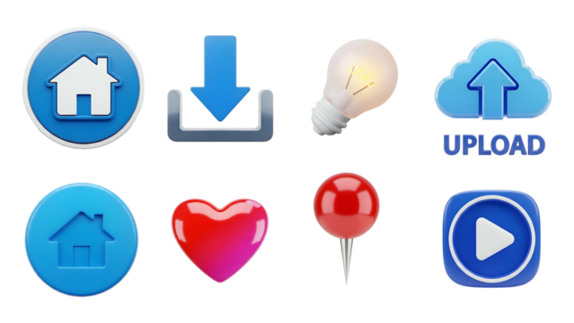Transparan Background 3D Rendered Website Icons: Home, Download, Upload, Idea, Heart, Location, Play - Perfect for Web Design Projects - Powered by Adobe