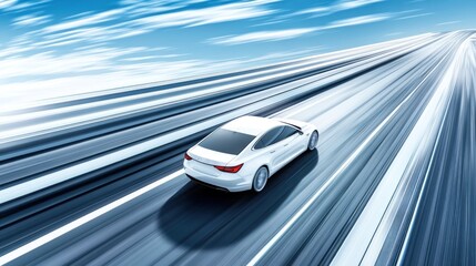 Naklejka premium White car driving fast on highway under blue sky