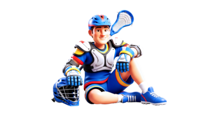 3d cartoon lacrosse player relaxed pose, ready for action, game asset, sports visuals, isolated on transparent background